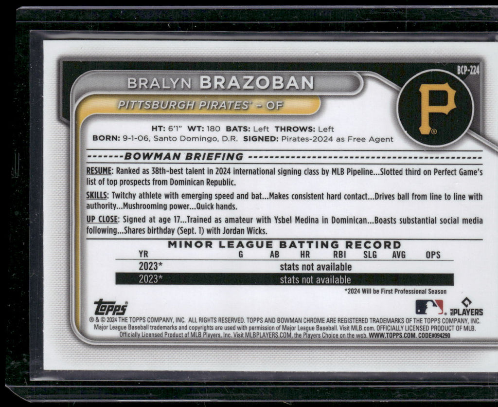 2024 Bowman Chrome #BCP-224 Bralyn Brazoban Prospects Gold Refractors #/50