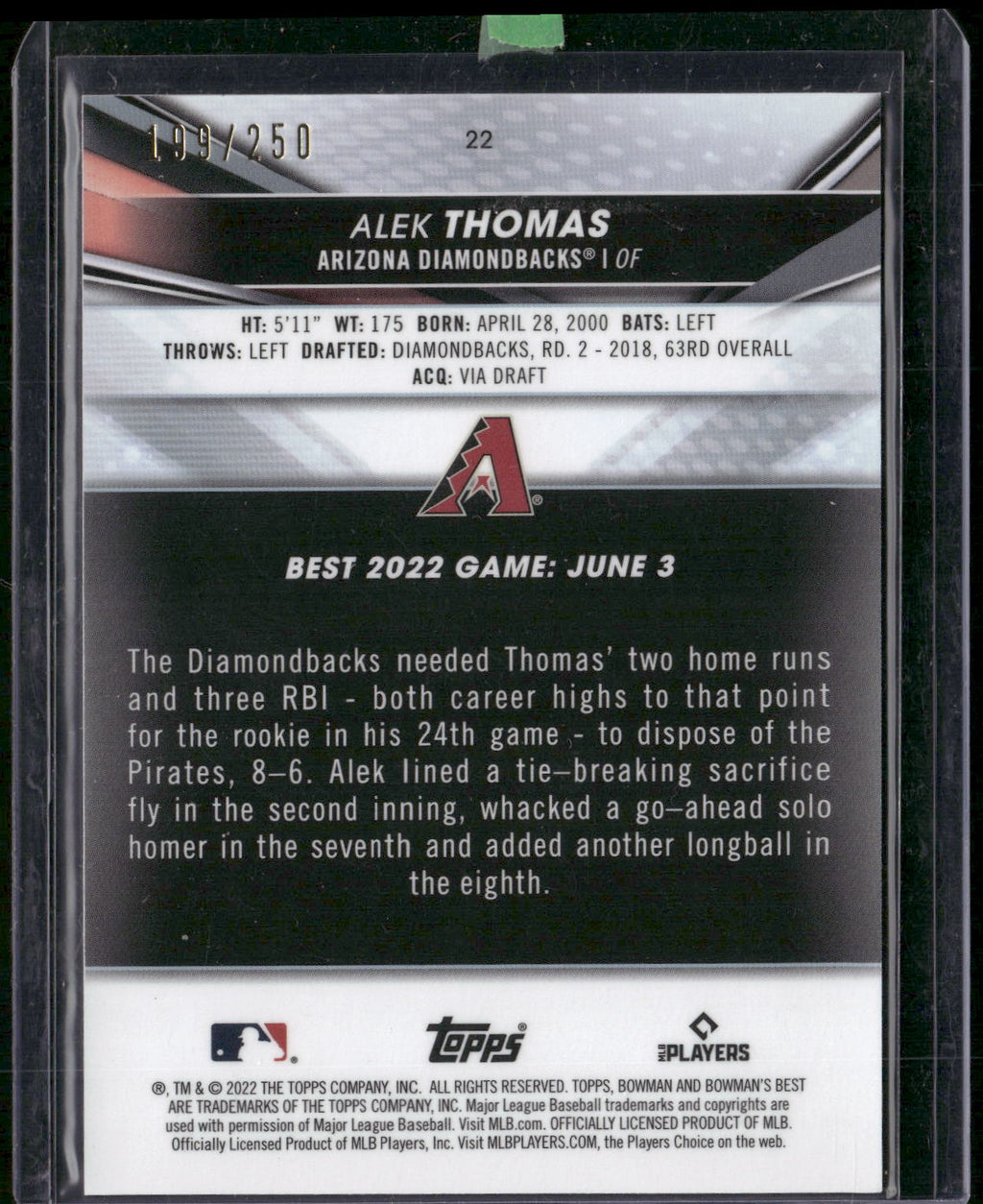 2022 Bowman's Best #22 Alek Thomas Purple Refractor #/250