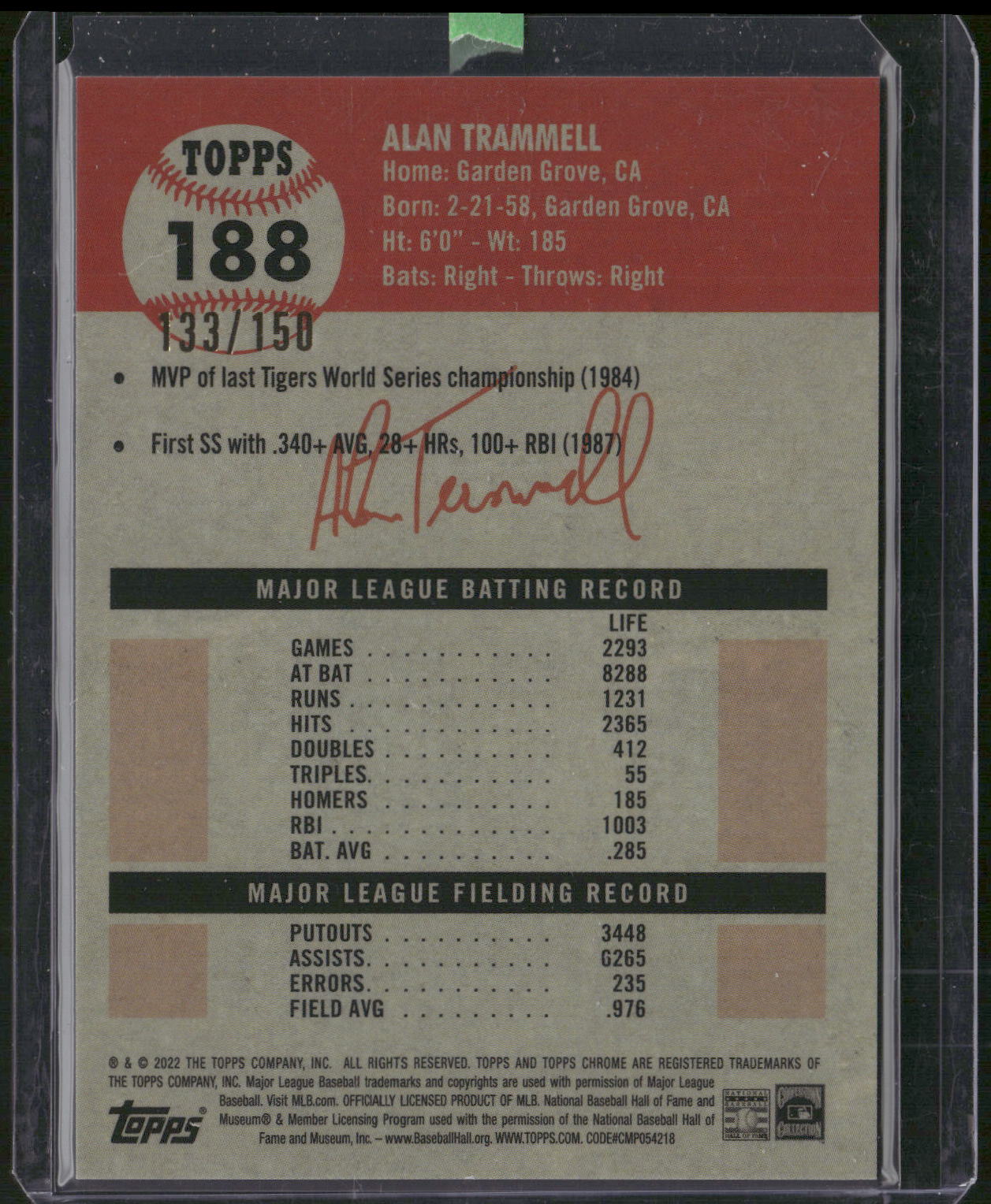 2022 Topps Chrome Platinum Anniversary #188 Alan Trammell Speckle #/150