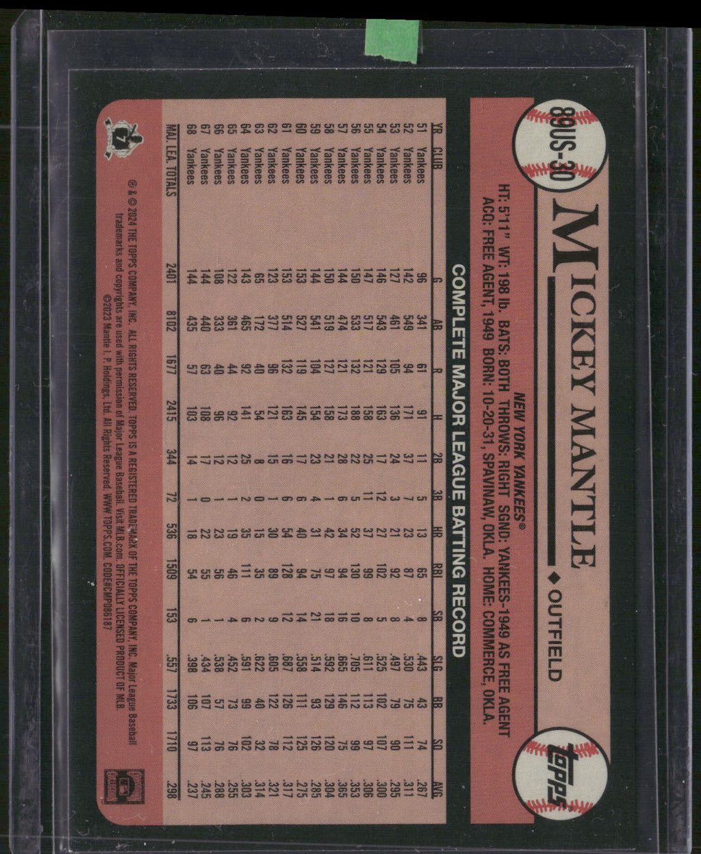 2024 Topps Update #89US-30 Mickey Mantle 1989 Topps Baseball 35th Anniversary