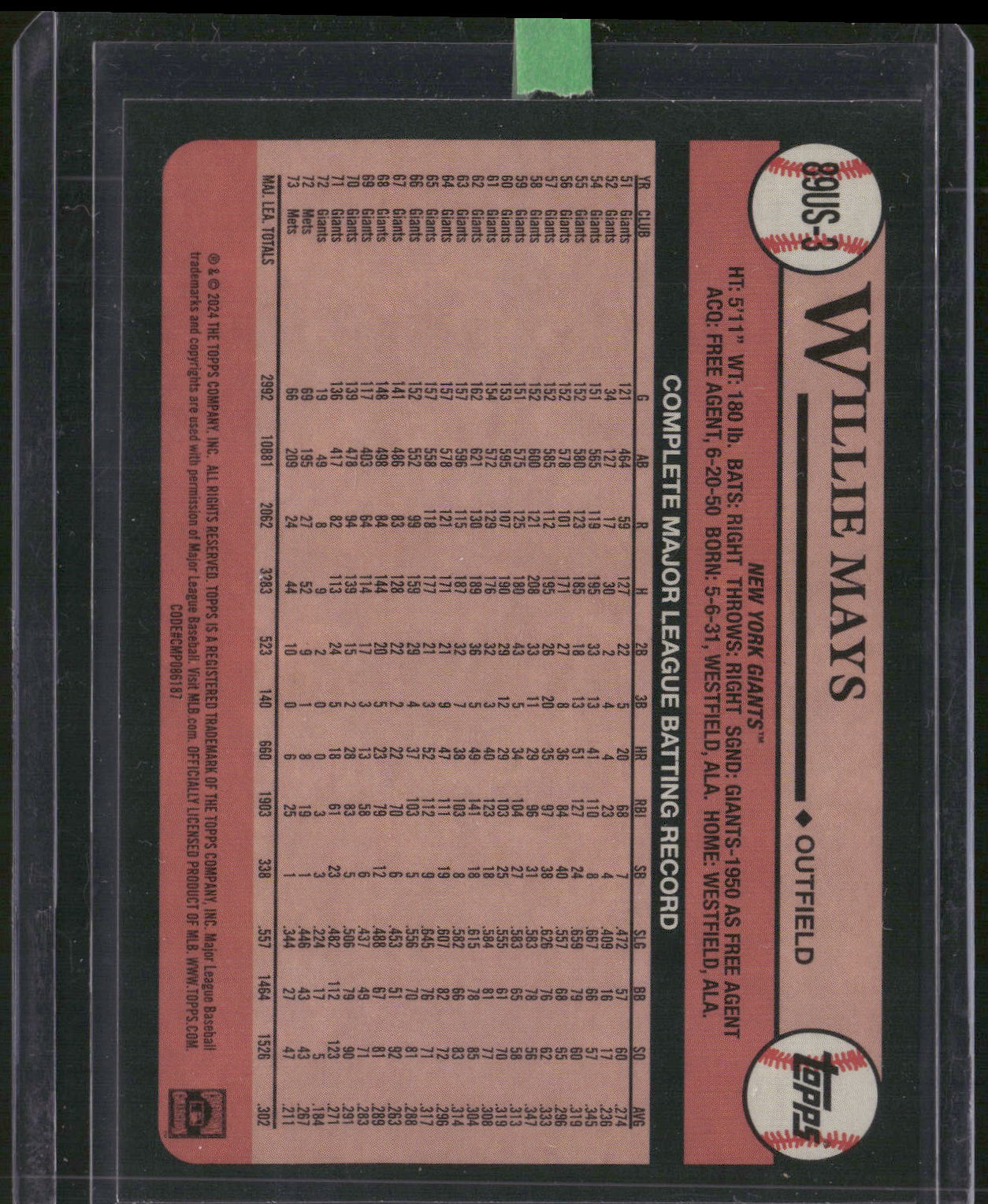 2024 Topps Update #89US-3 Willie Mays 1989 Topps Baseball 35th Anniversary