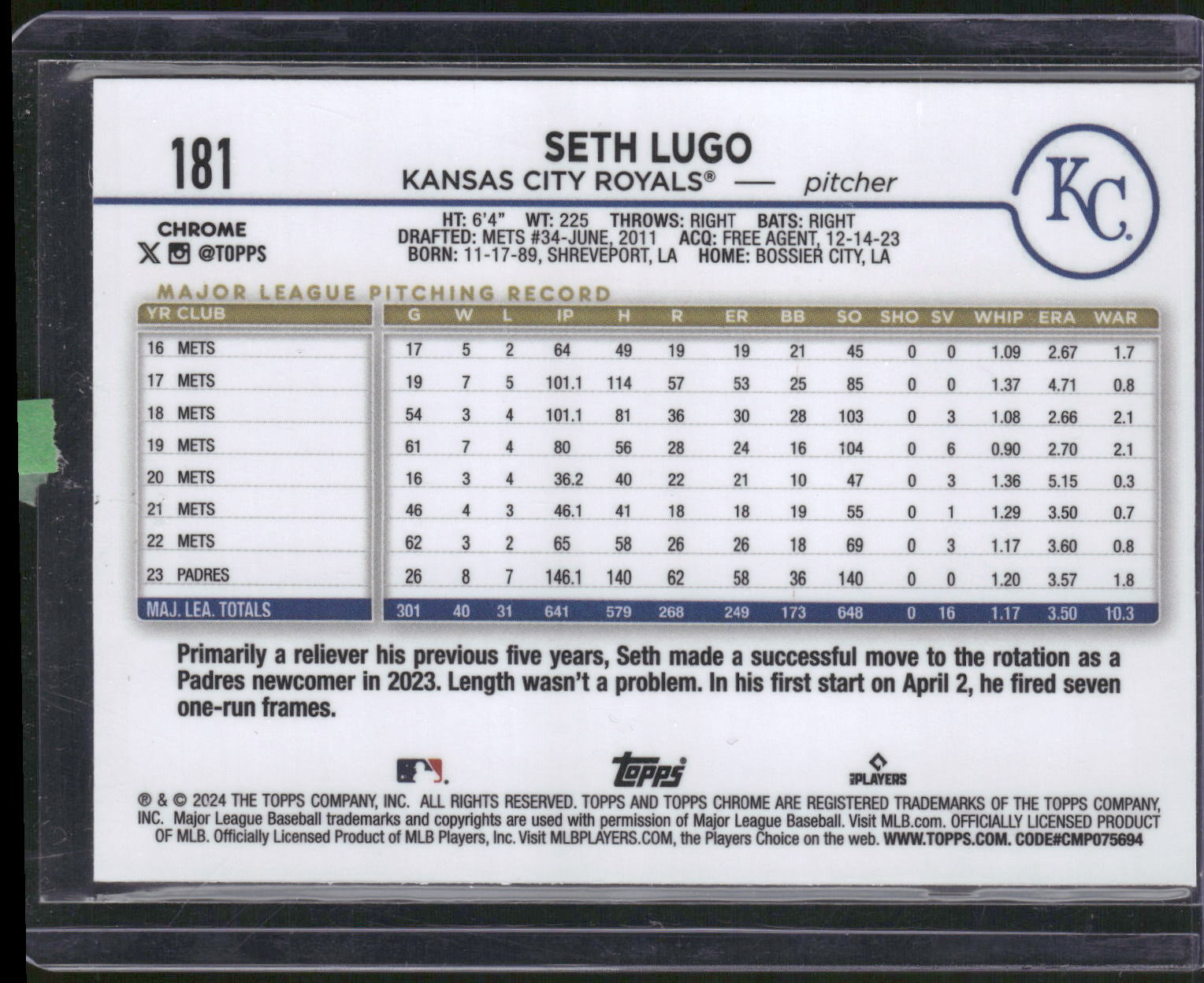 2024 Topps Chrome #181 Seth Lugo Magenta Speckle Refractors #/350