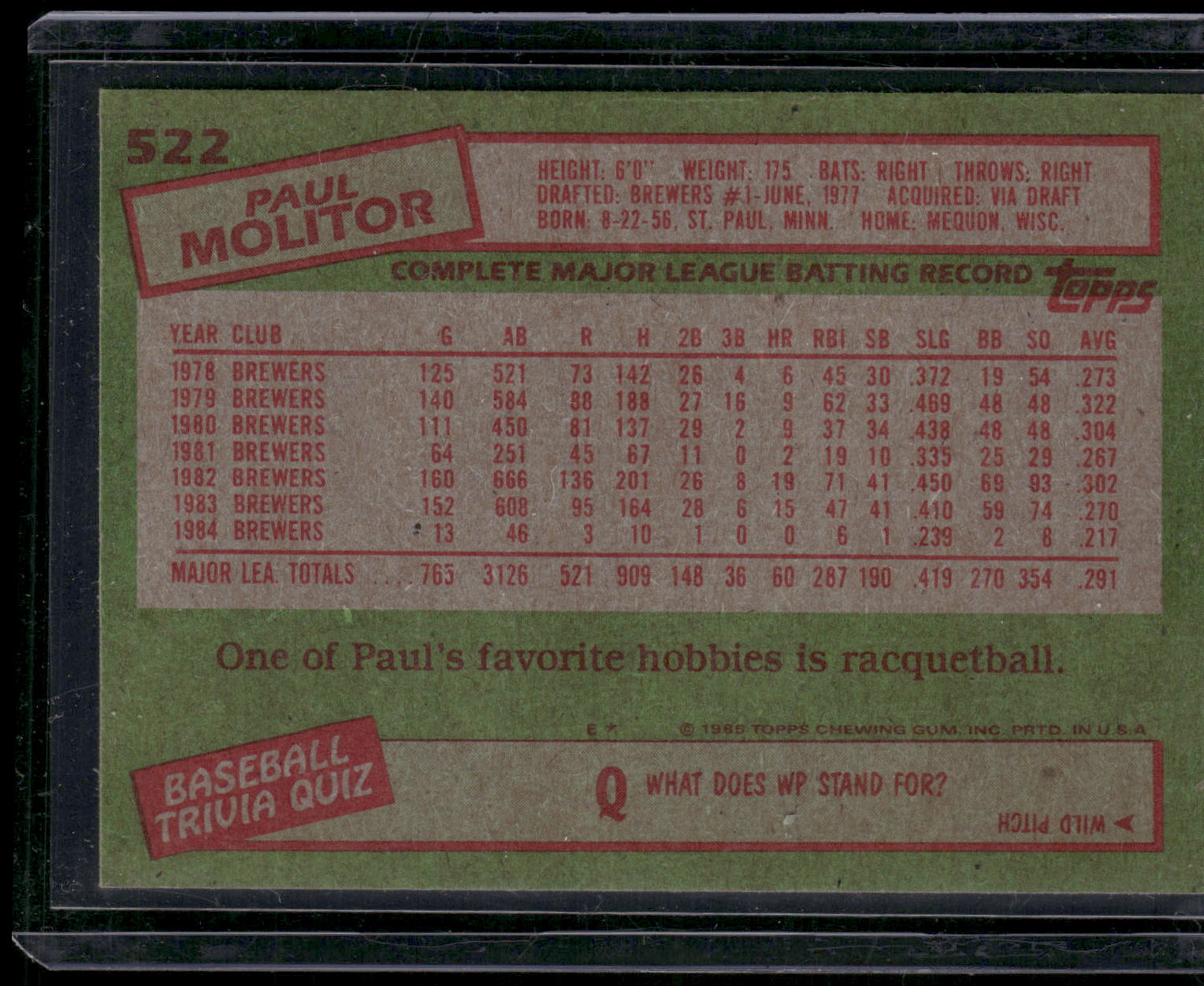 1985 Topps #522 Paul Molitor