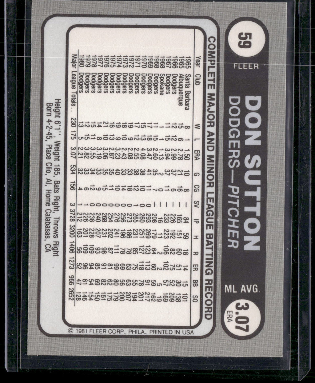 1981 Fleer Star Stickers #59 Don Sutton