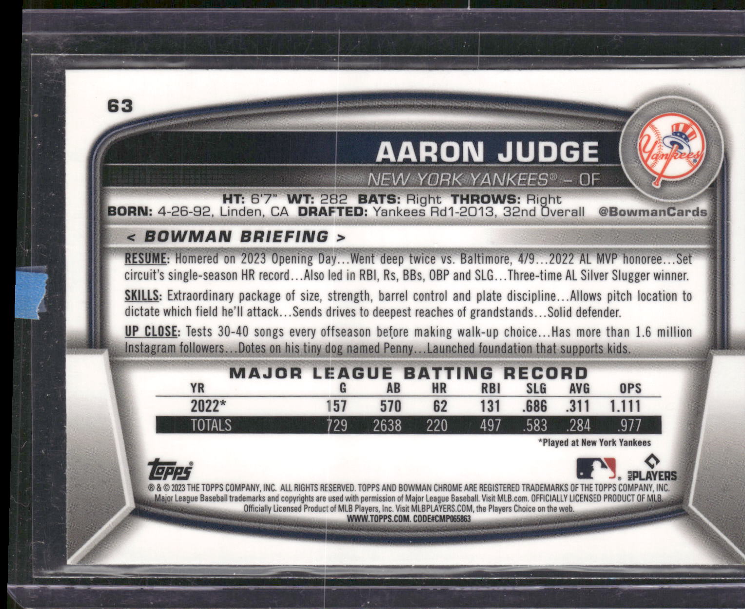2023 Bowman Chrome #63 Aaron Judge
