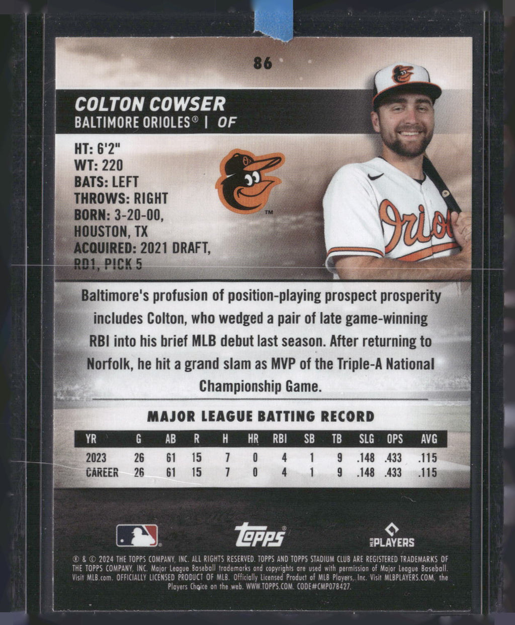 2024 Stadium Club #86 Colton Cowser