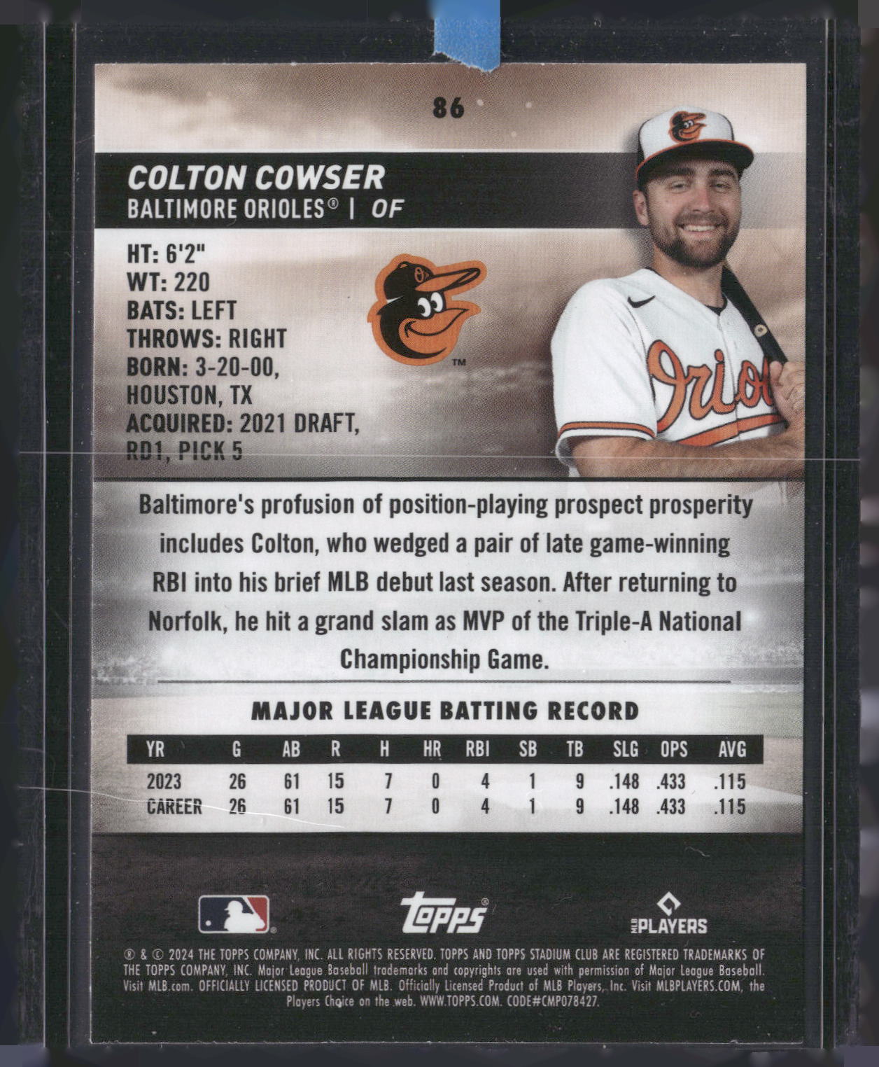 2024 Stadium Club #86 Colton Cowser