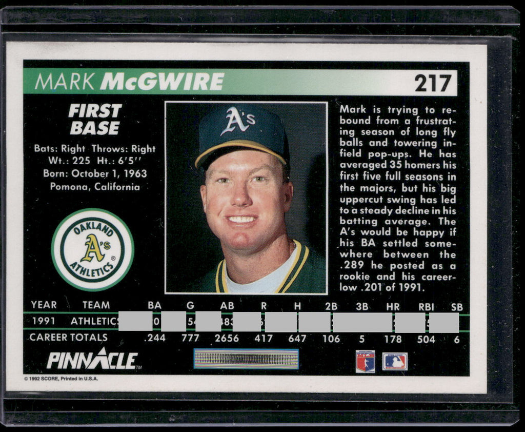 1992 Pinnacle #217 Mark McGwire