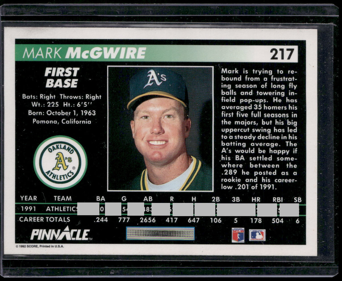 1992 Pinnacle #217 Mark McGwire