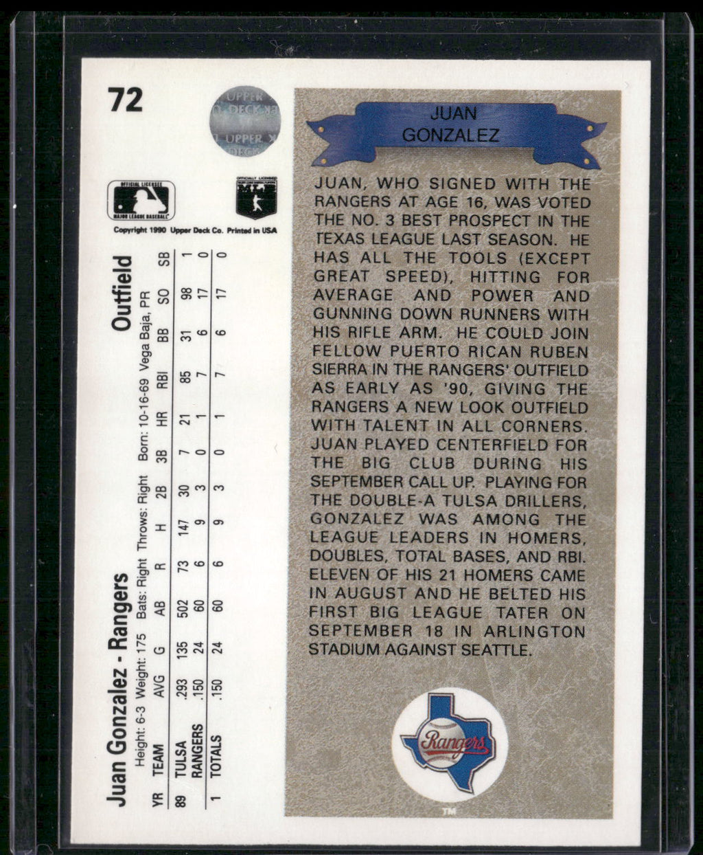 1990 Upper Deck #72 Juan Gonzalez
