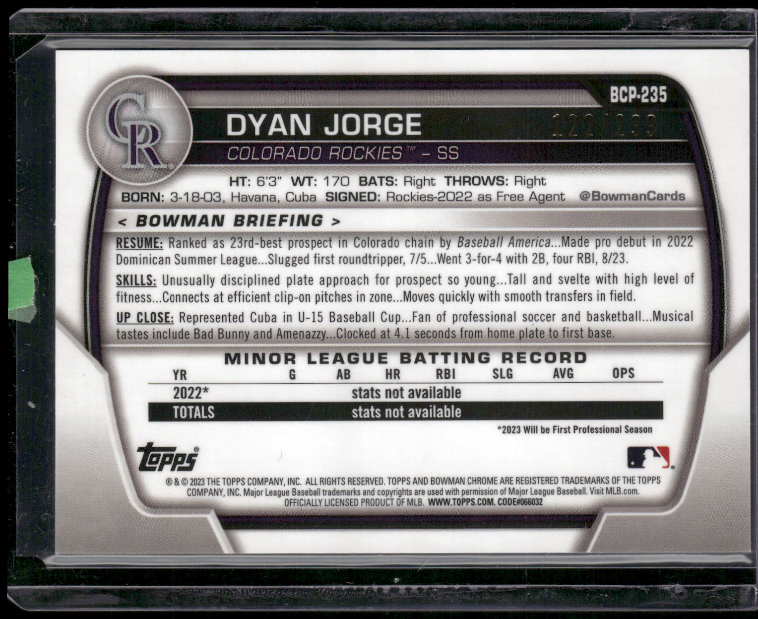 2023 Bowman Chrome #BCP-235 Dyan Jorge Prospects Purple Mojo Refractor #/299