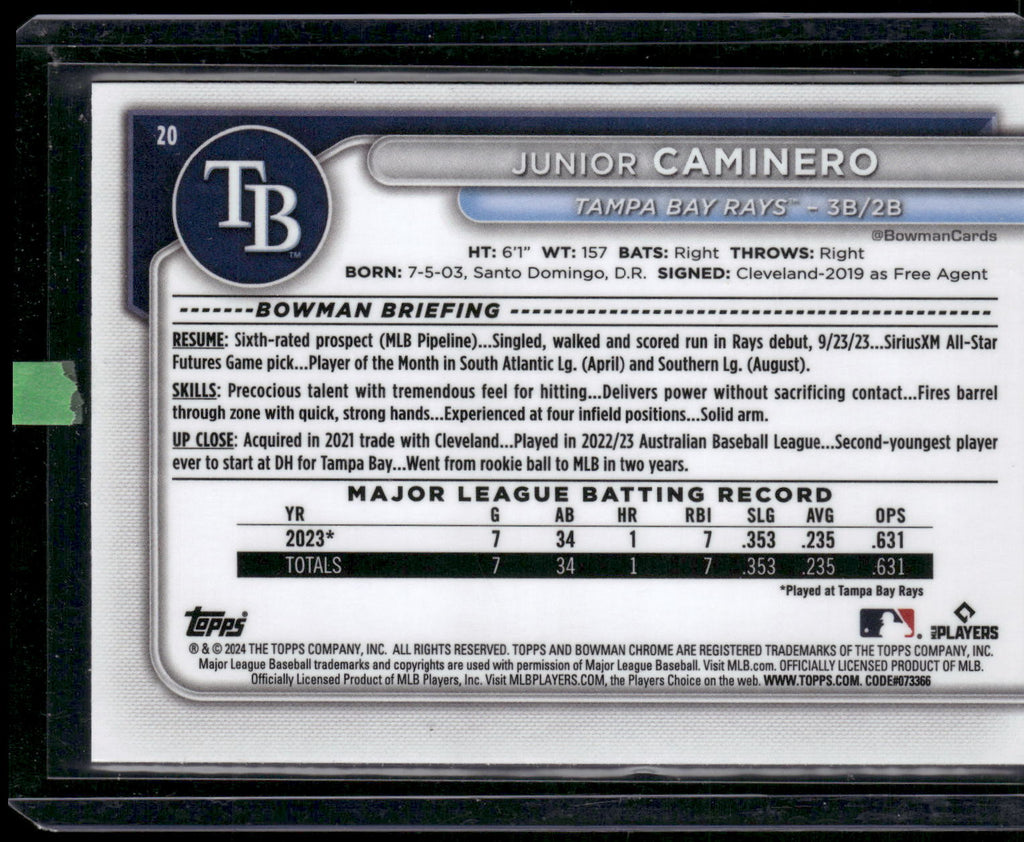 2024 Bowman #20 Junior Caminero Chrome Mojo Refractors