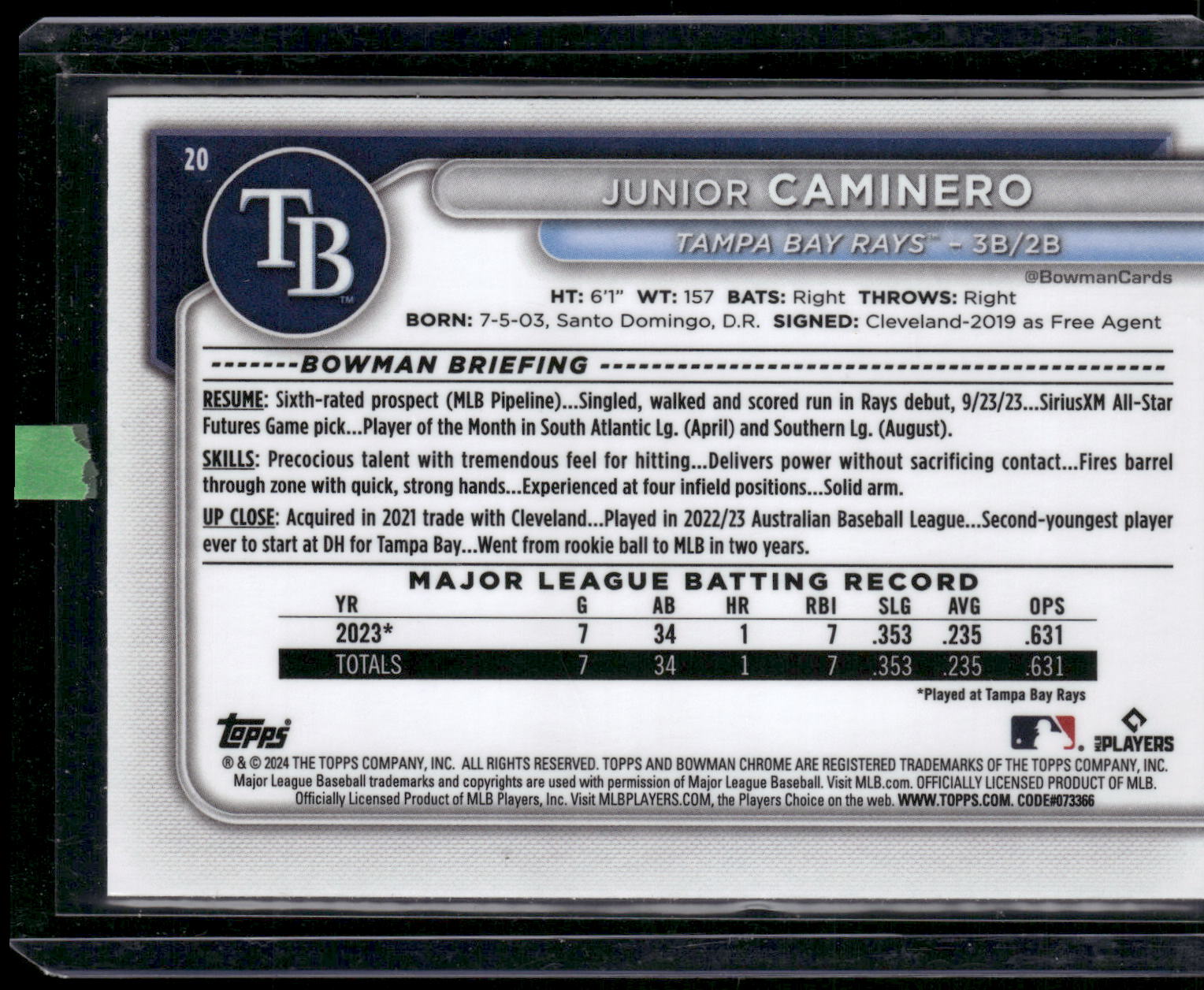 2024 Bowman #20 Junior Caminero Chrome Mojo Refractors