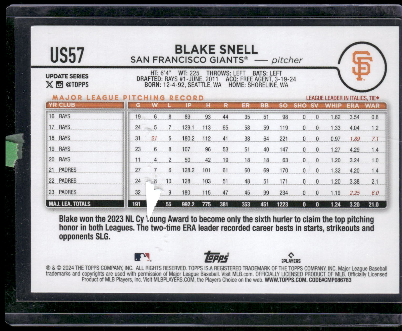 2024 Topps Update #US57 Blake Snell Holiday Jack O'Lanterns