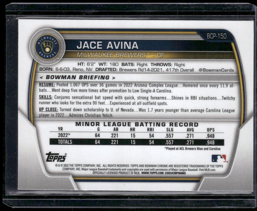 2023 Bowman #BCP-150 Jace Avina Chrome Prospects
