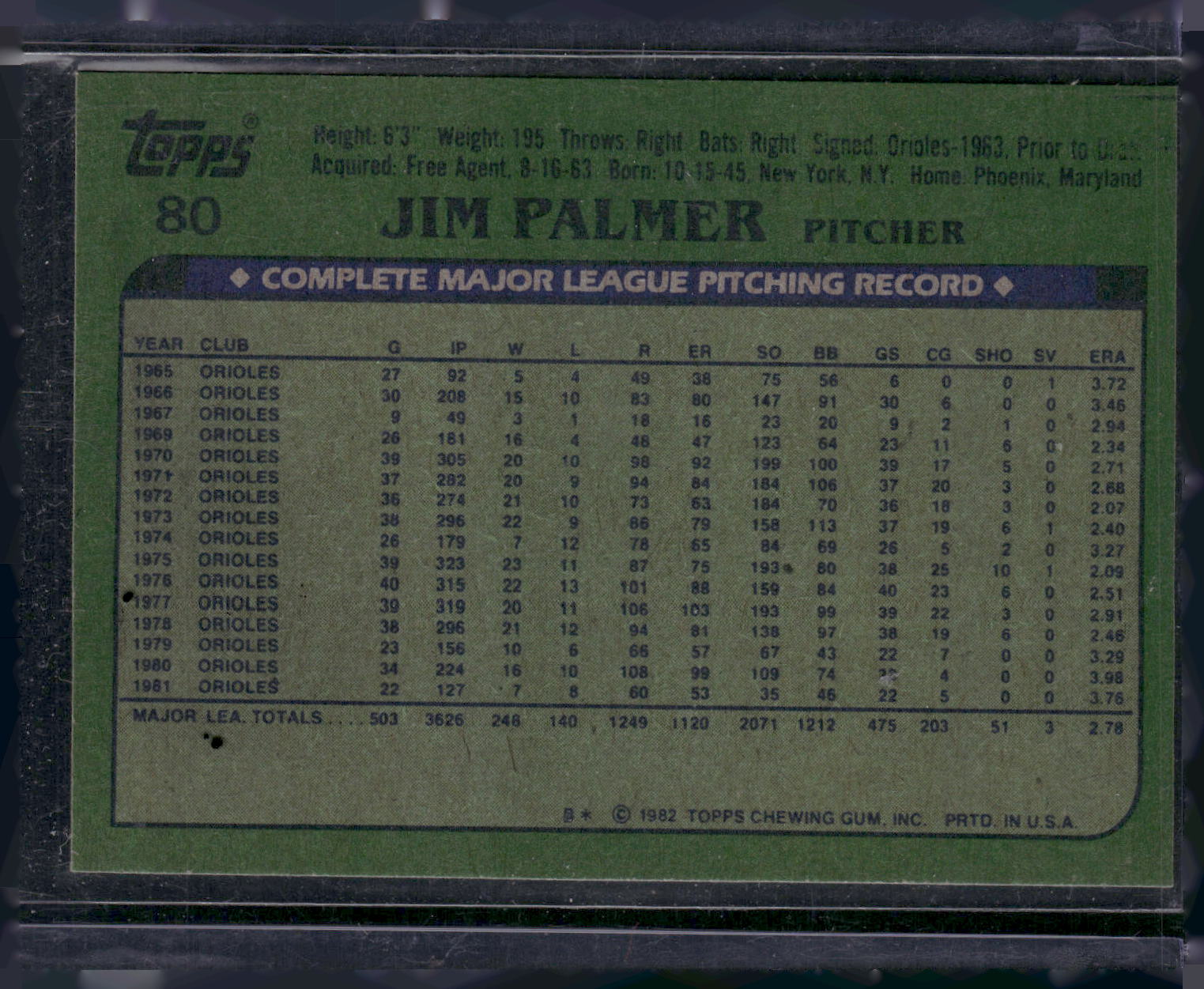 1982 Topps #80 Jim Palmer