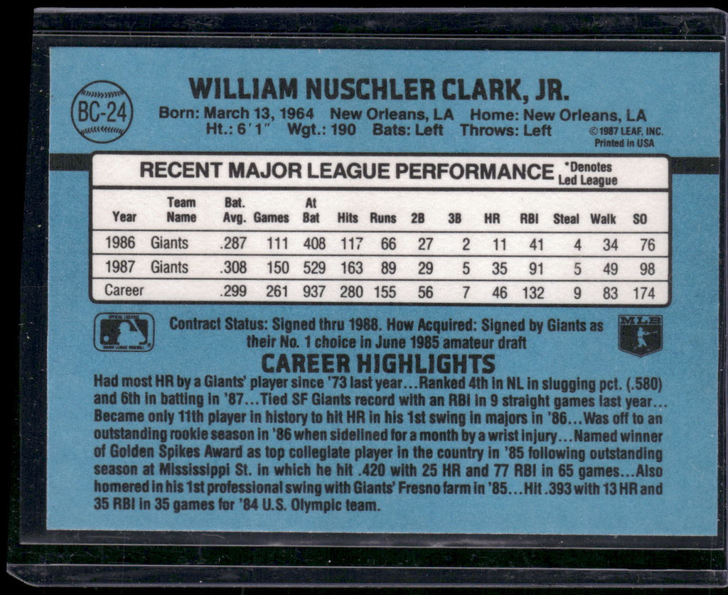 1988 Donruss #BC-24 Will Clark Bonus MVPs