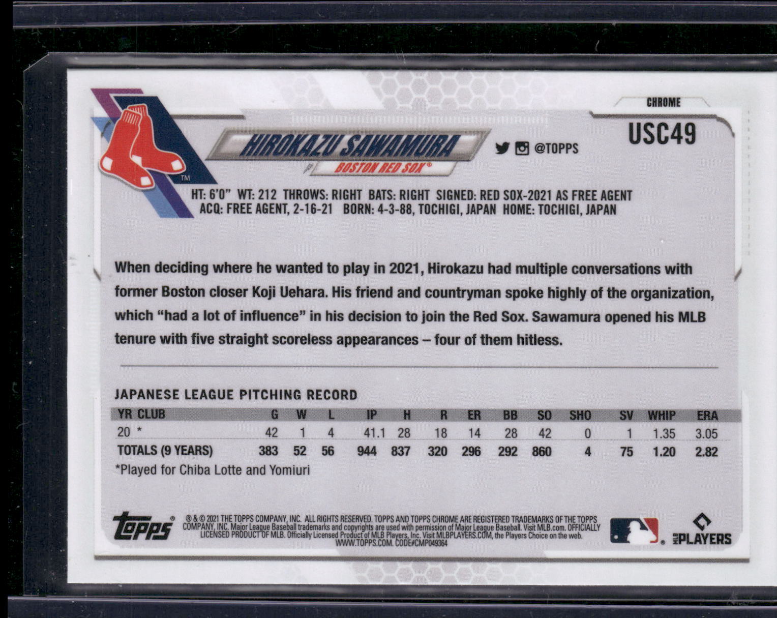 2021 Topps Chrome Update #USC49 Hirokazu Sawamura