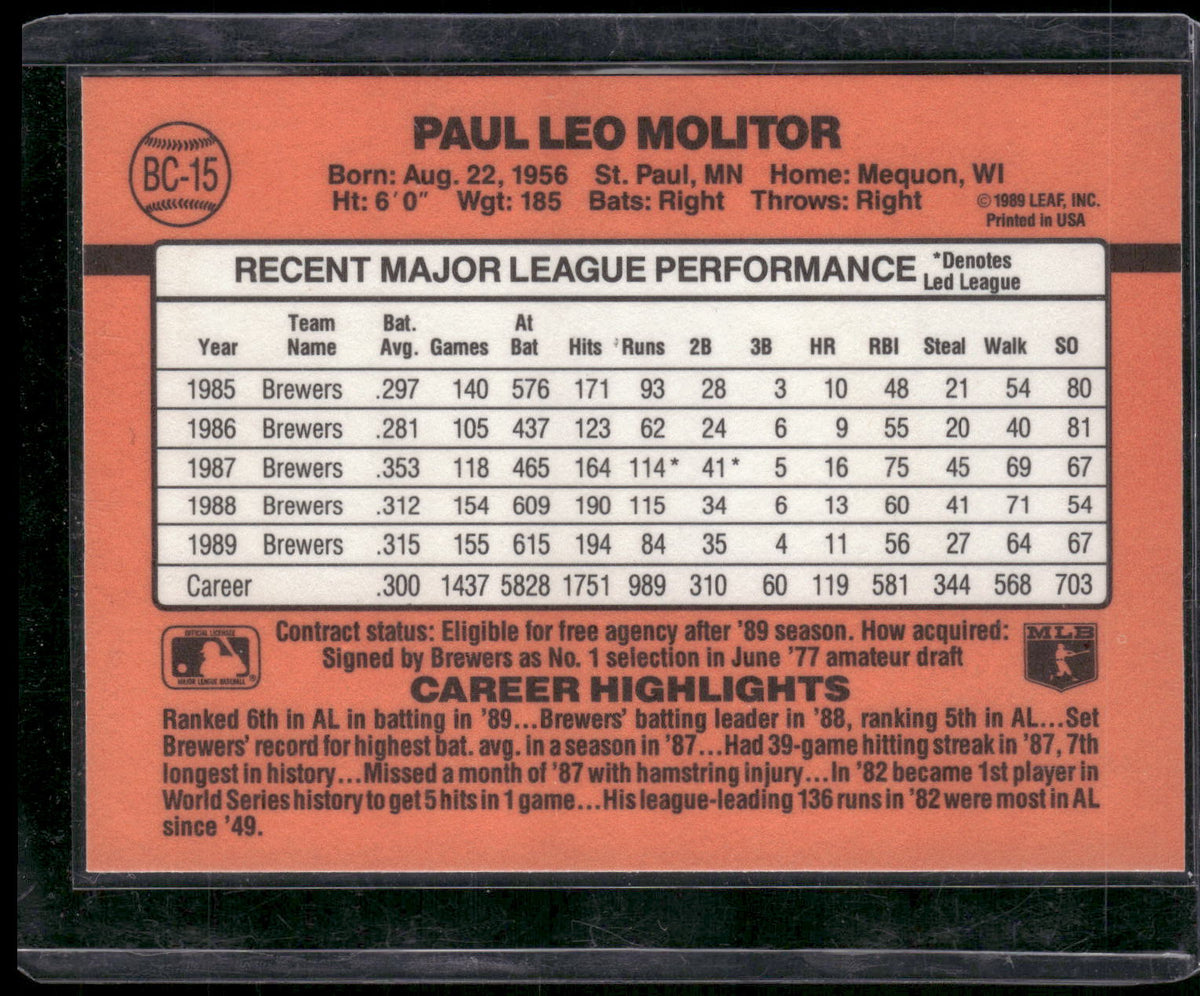 1990 Donruss #BC-15 Paul Molitor Bonus MVP's