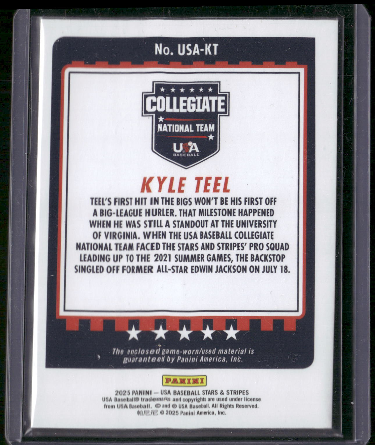 2025 Panini Stars & Stripes USA Baseball #USA-KT Kyle Teel USA Materials