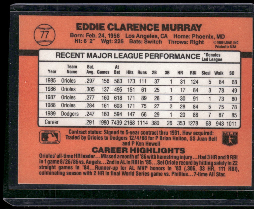 1990 Donruss #77b Eddie Murray