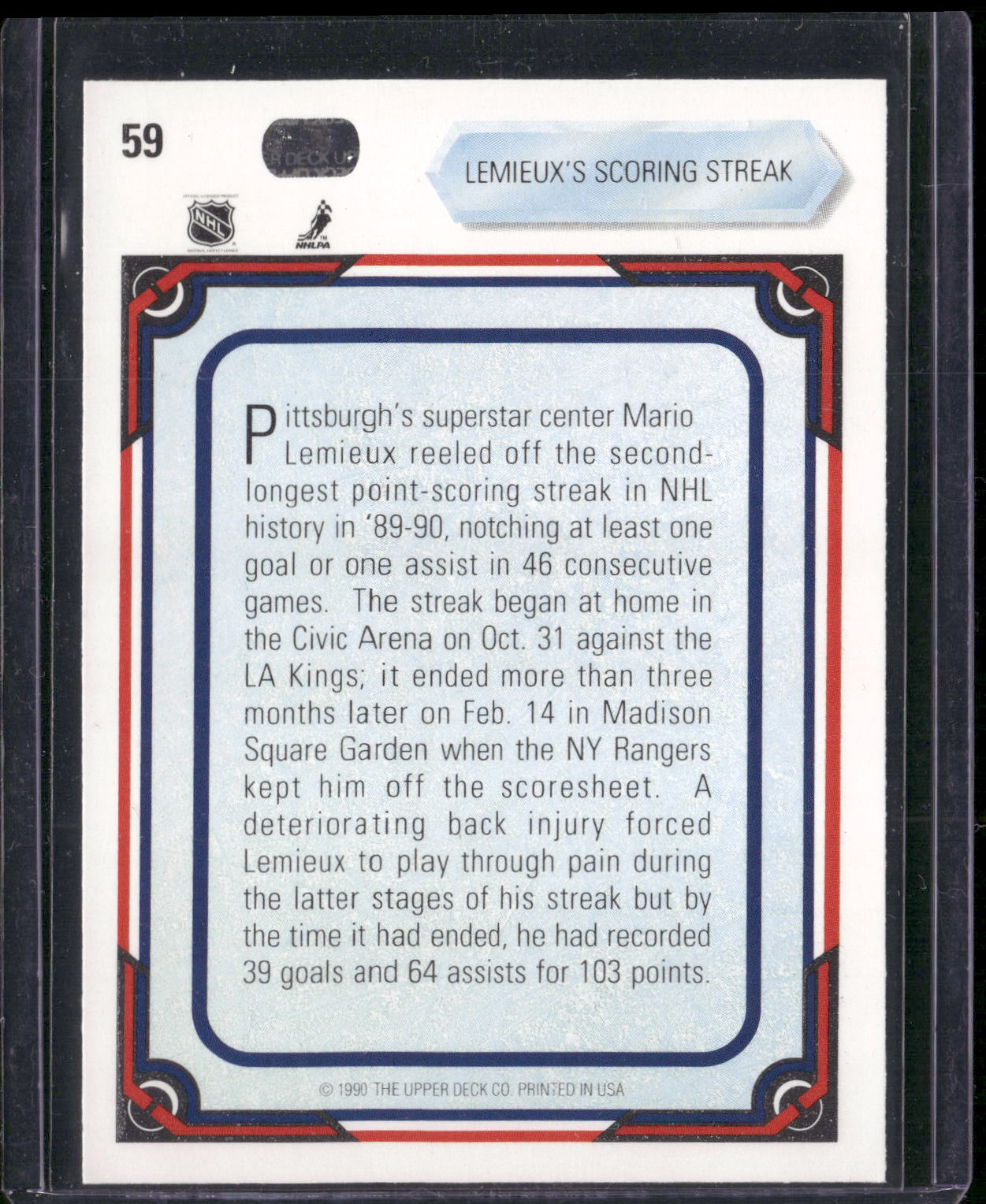 1990-91 Upper Deck #59 Lemieux's Scoring Streak
