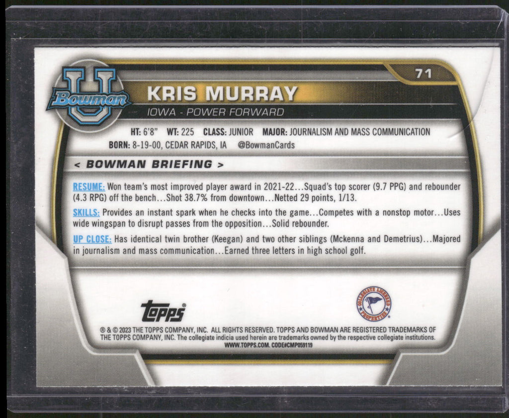 2022-23 Bowman University Chrome #71 Kris Murray Pink