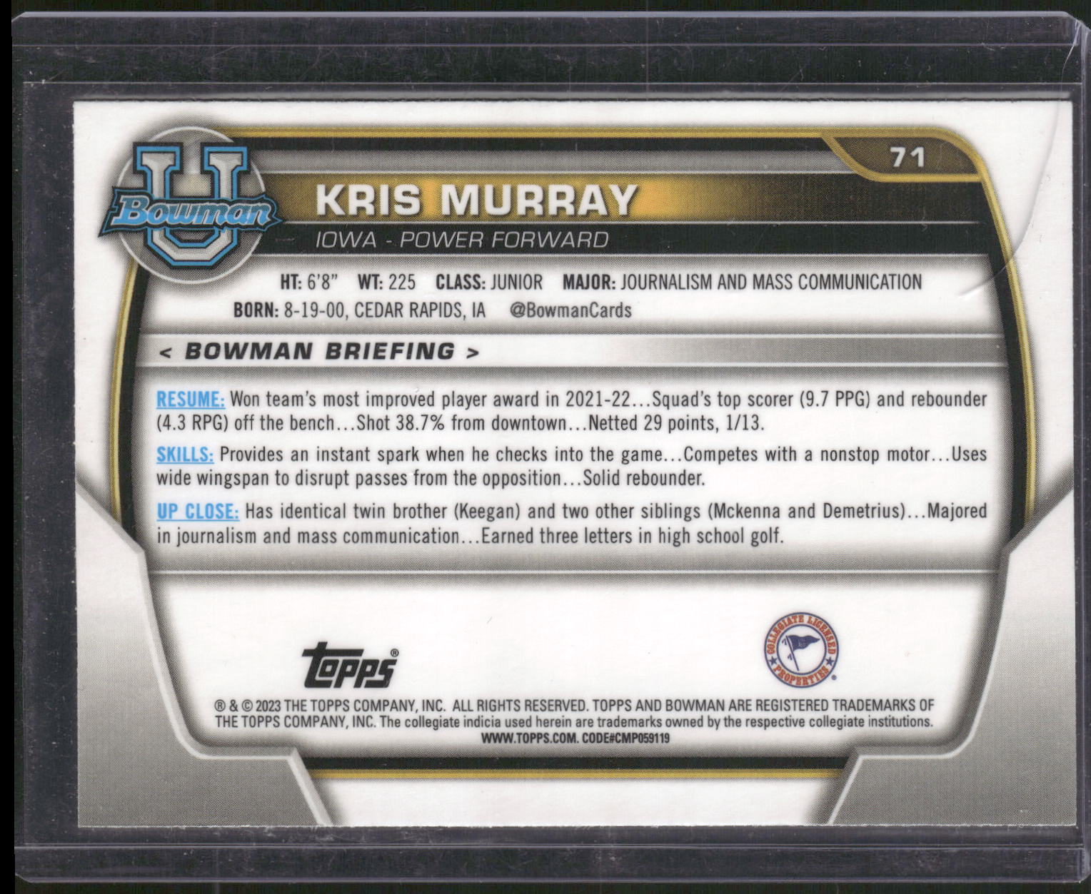 2022-23 Bowman University Chrome #71 Kris Murray Pink