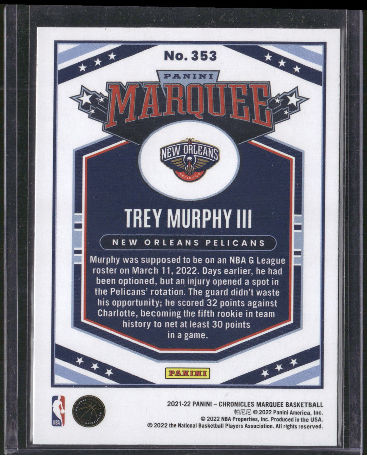2021-22 Panini Chronicles #353 Trey Murphy III