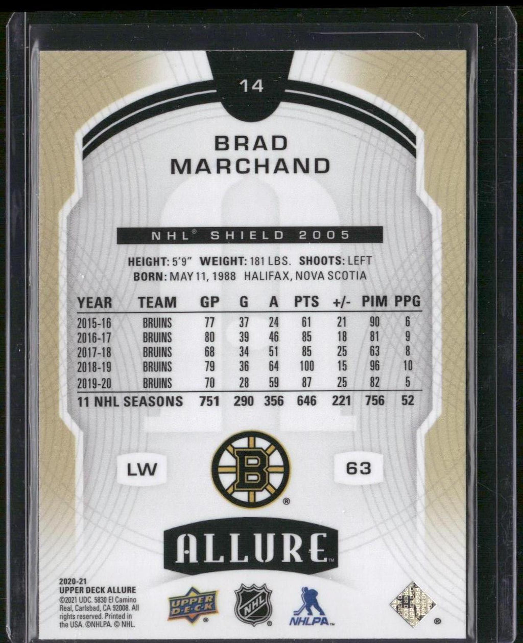 2020-21 Upper Deck Allure #14 Brad Marchand 2005 Shield