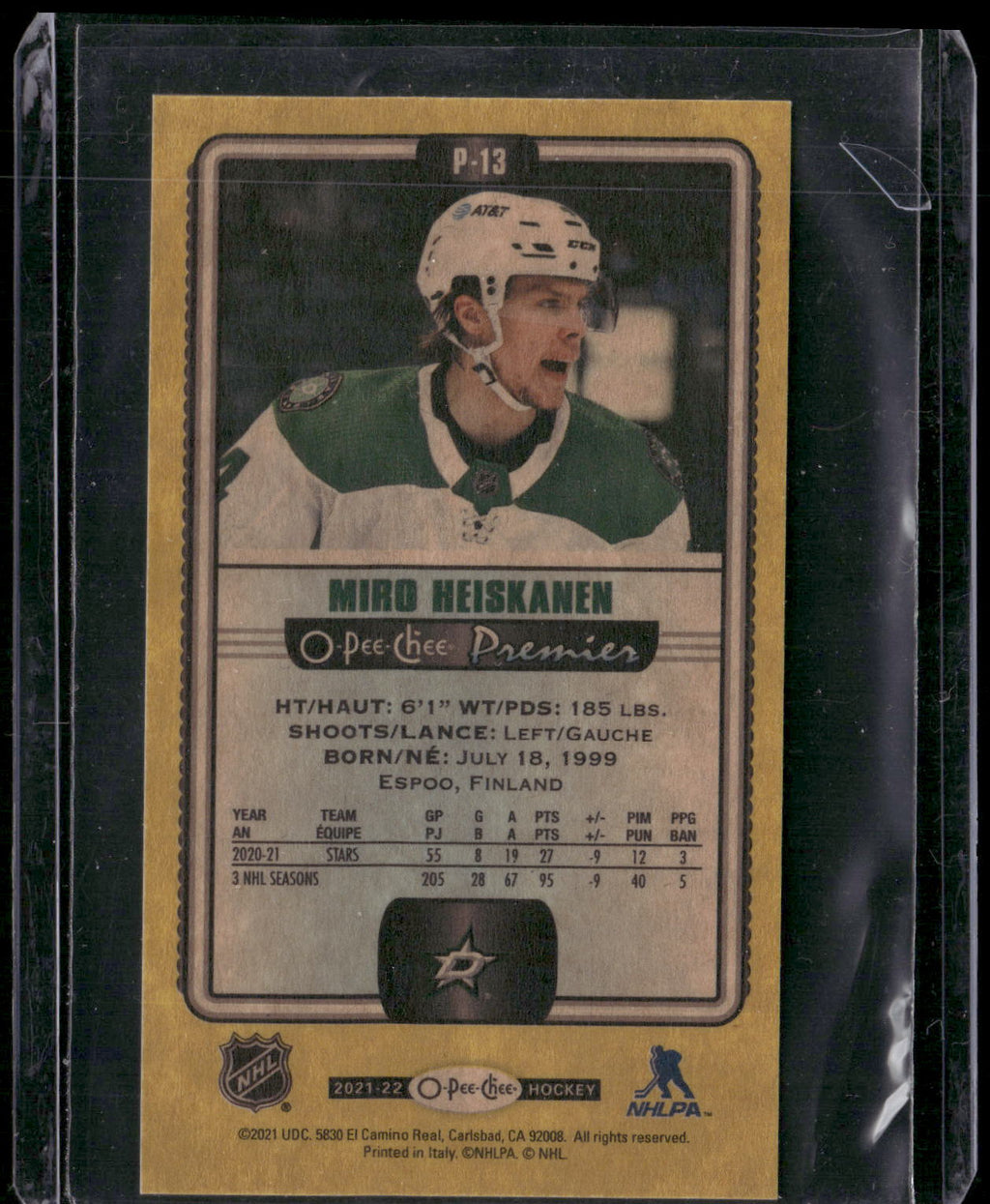 2021-22 O-Pee-Chee #P-13 Miro Heiskanen Premier-Tallboys-Yellow-Border