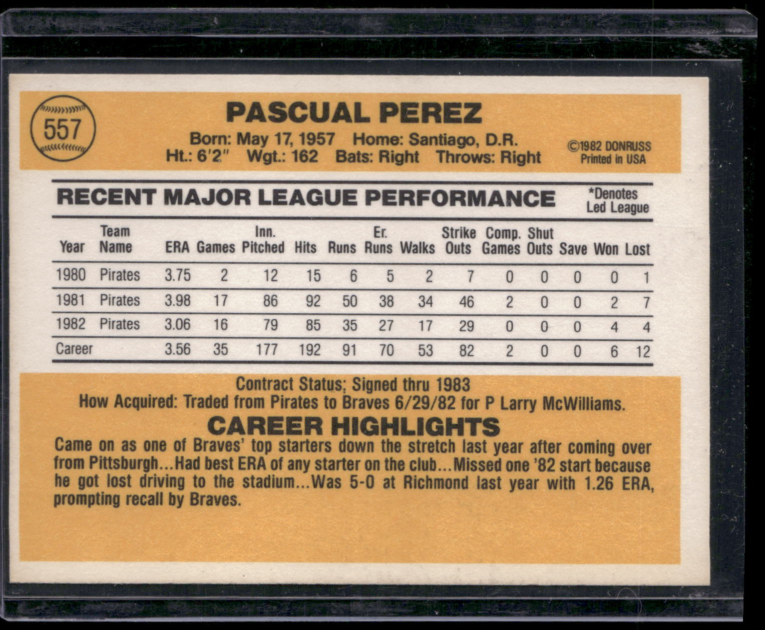 1983 Donruss #557a Pascual Perez