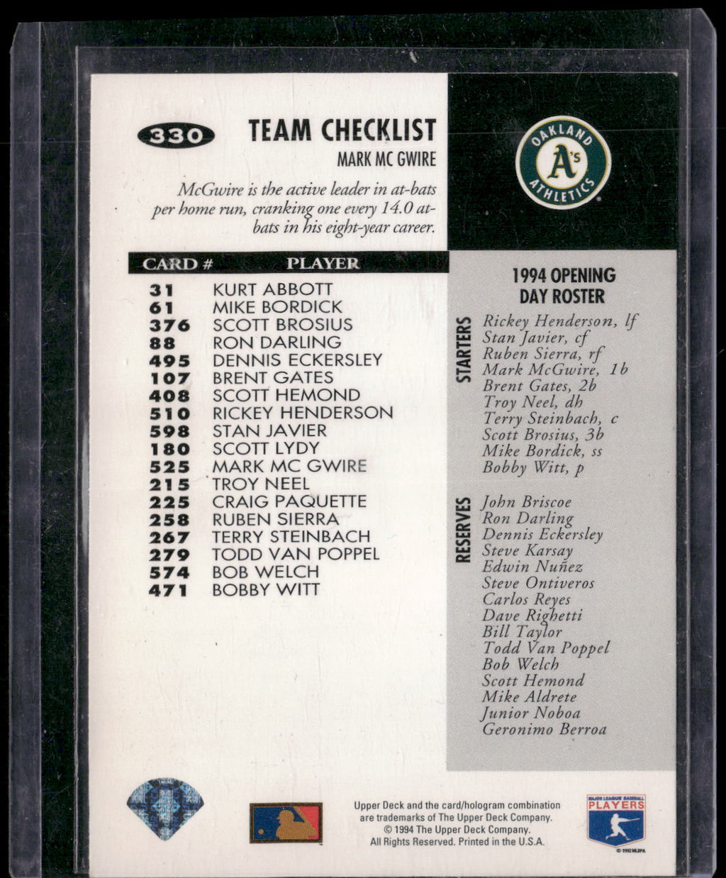 1994 Collector's Choice #330 Mark McGwire