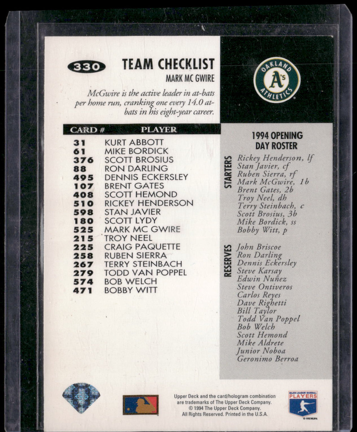 1994 Collector's Choice #330 Mark McGwire