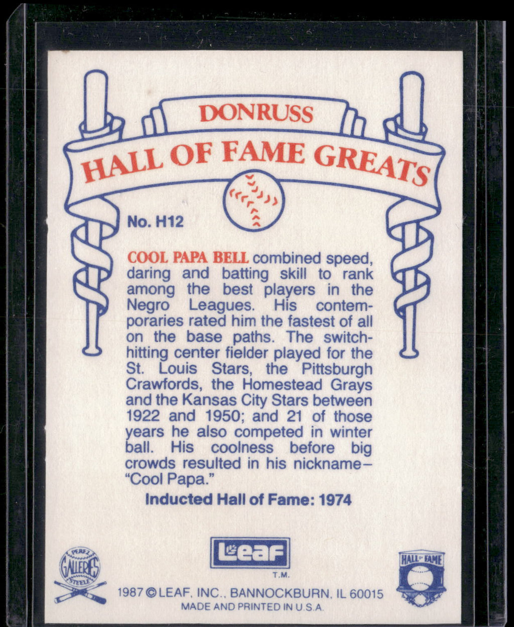 1987 Leaf Candy City Team Hall of Fame Greats #H12 Cool Papa Bell