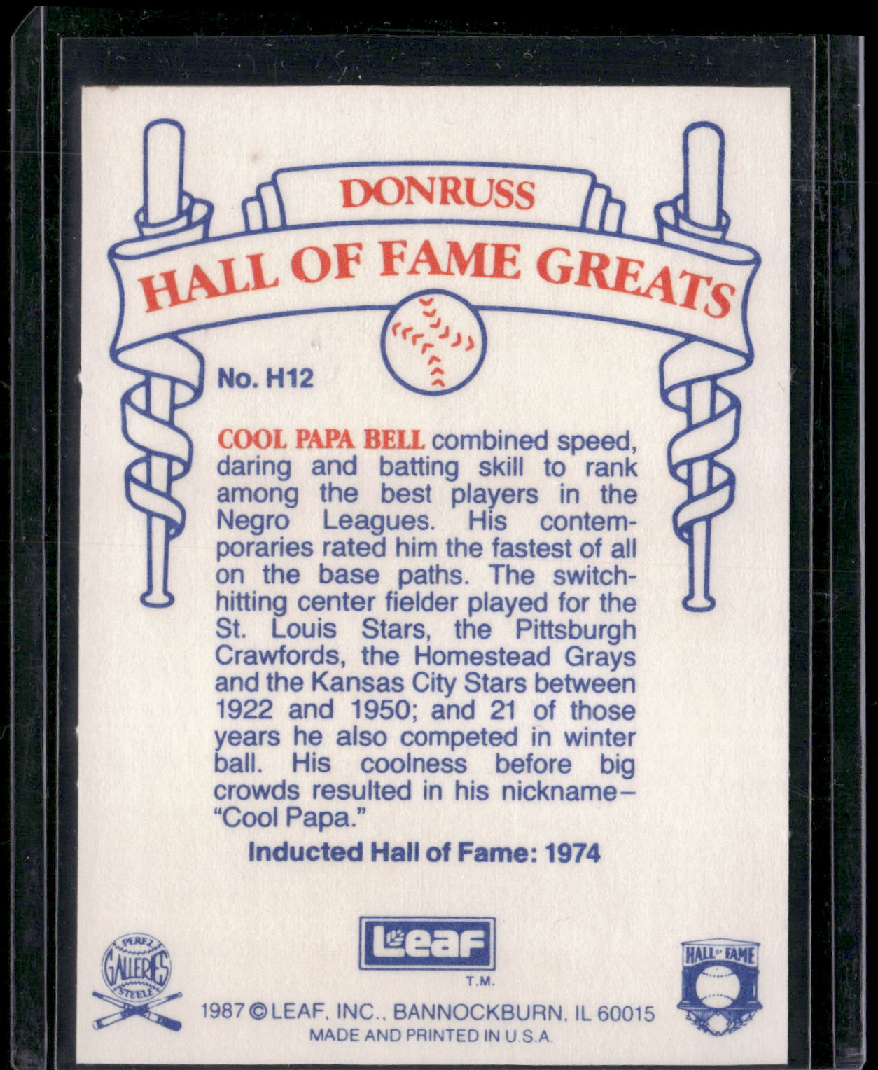 1987 Leaf Candy City Team Hall of Fame Greats #H12 Cool Papa Bell