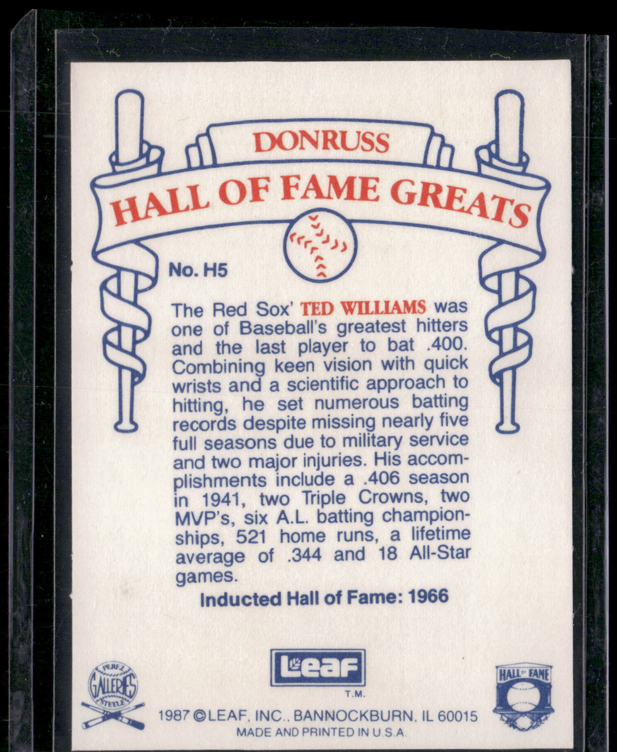 1987 Leaf Candy City Team Hall of Fame Greats #H5 Ted Williams