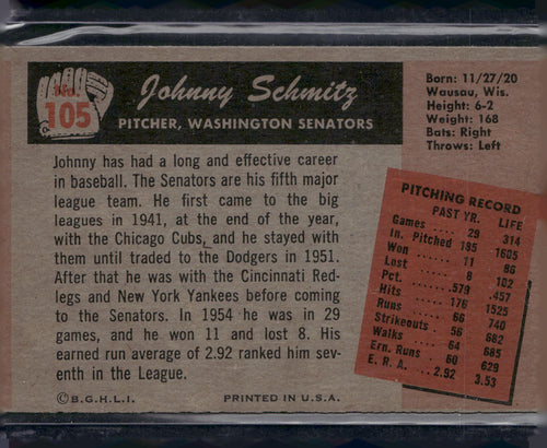 1955 Bowman #105 Johnny Schmitz