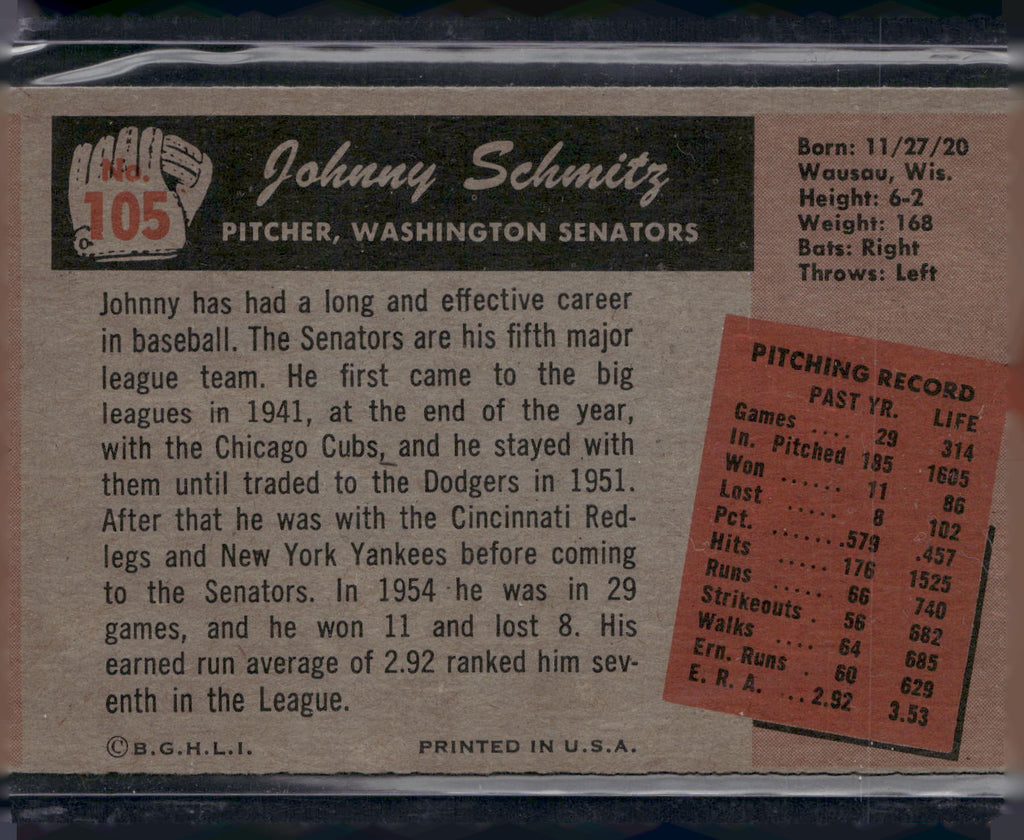 1955 Bowman #105 Johnny Schmitz
