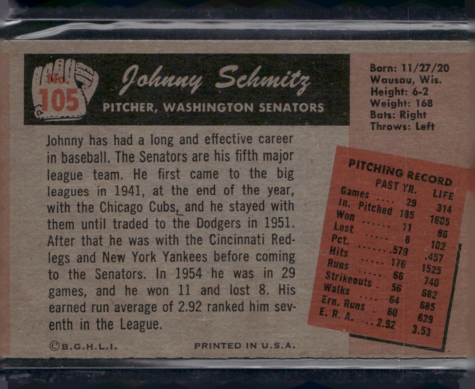 1955 Bowman #105 Johnny Schmitz