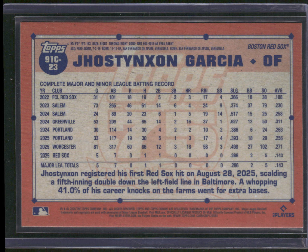 2026 Topps #91C-23 Jhostynxon Garcia 1991 Topps Baseball 35th Anniversary Chrome