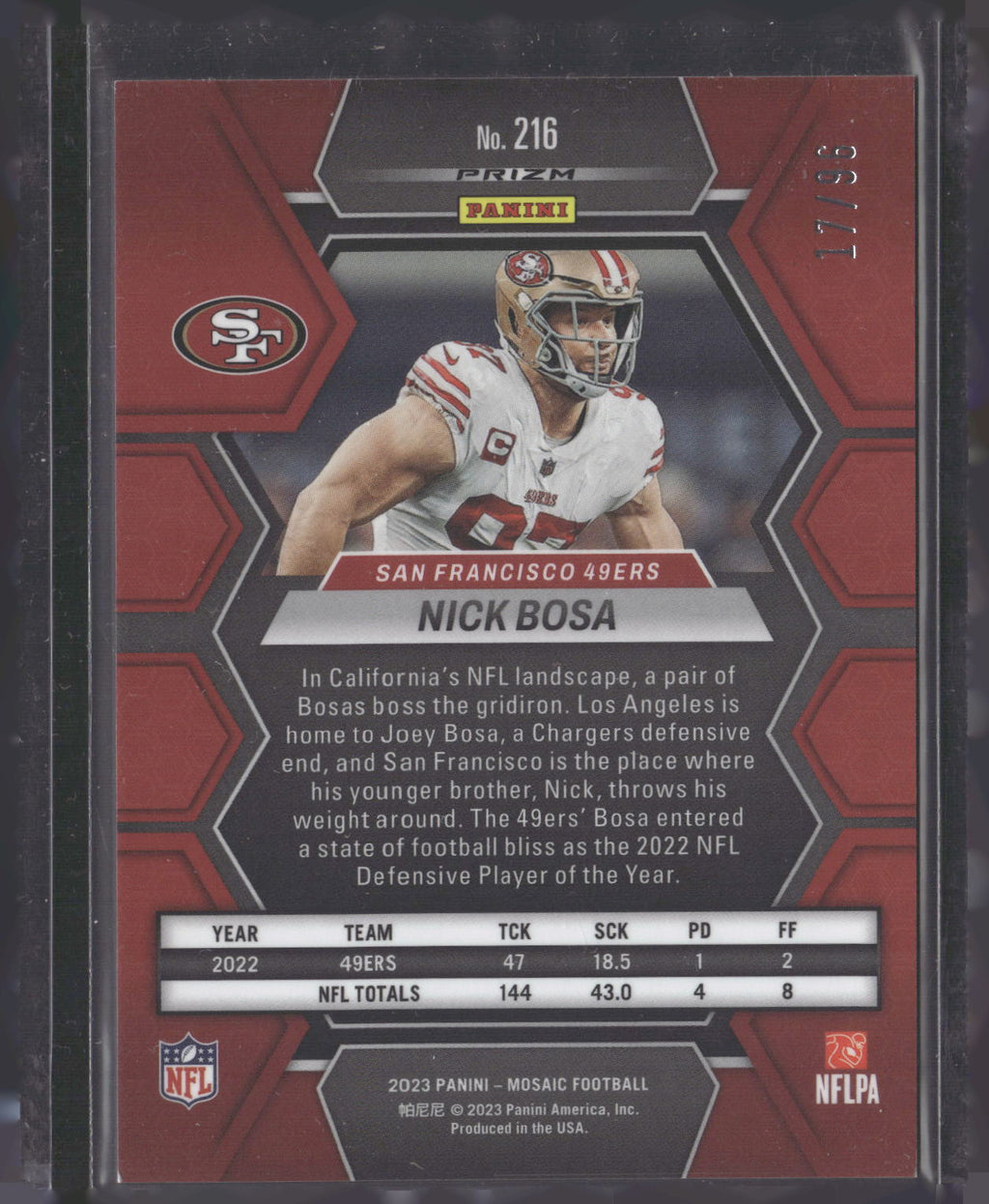 2023 Panini Mosaic #216 Nick Bosa Blue Sparkle #/96