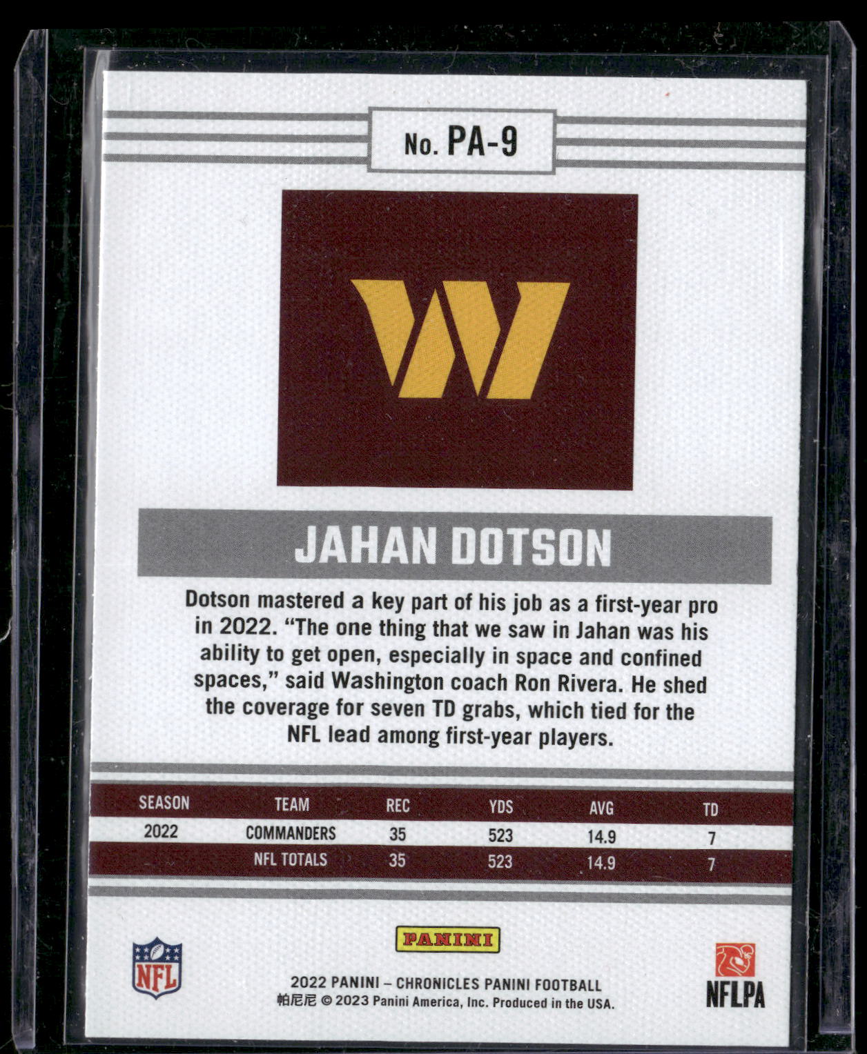 2022 Panini Chronicles #PA-9 Jahan Dotson Panini Pink