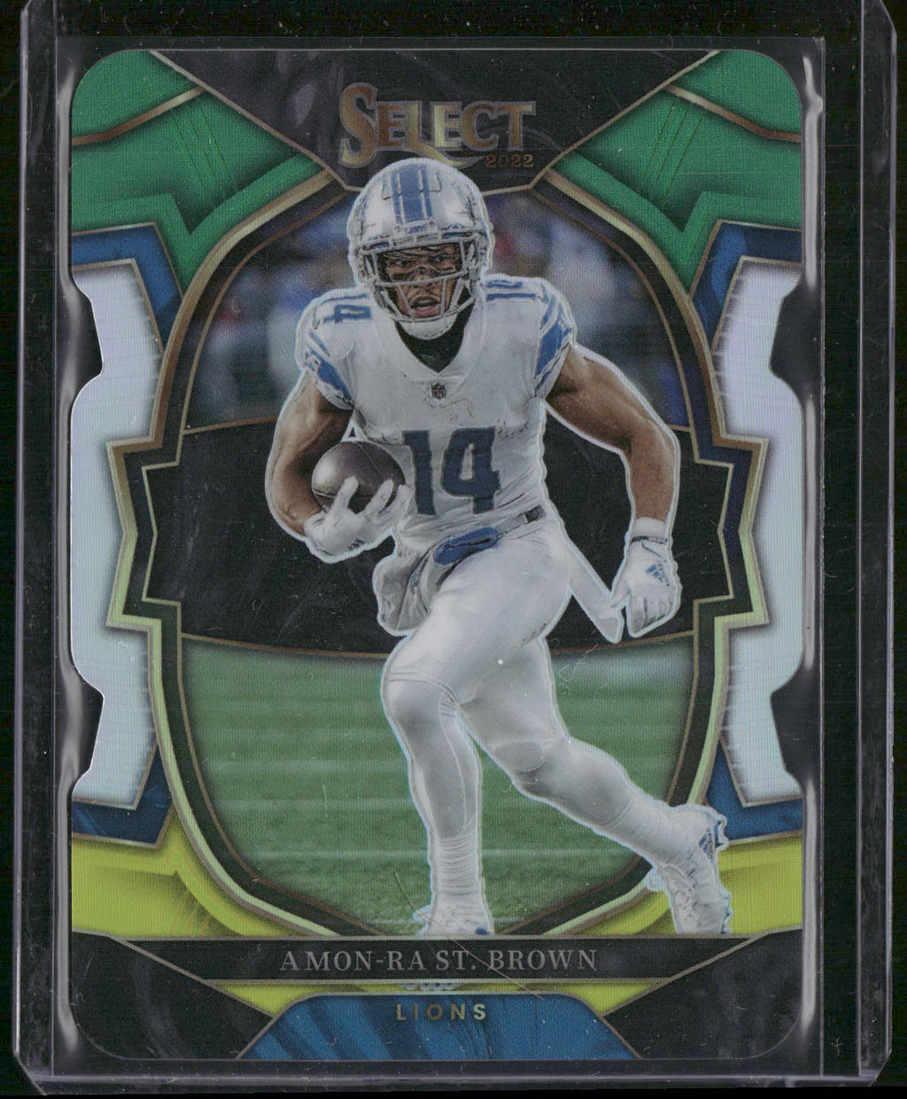 2022 Panini Select #58 Amon-Ra St. Brown Green and Yellow Prizm Die Cut