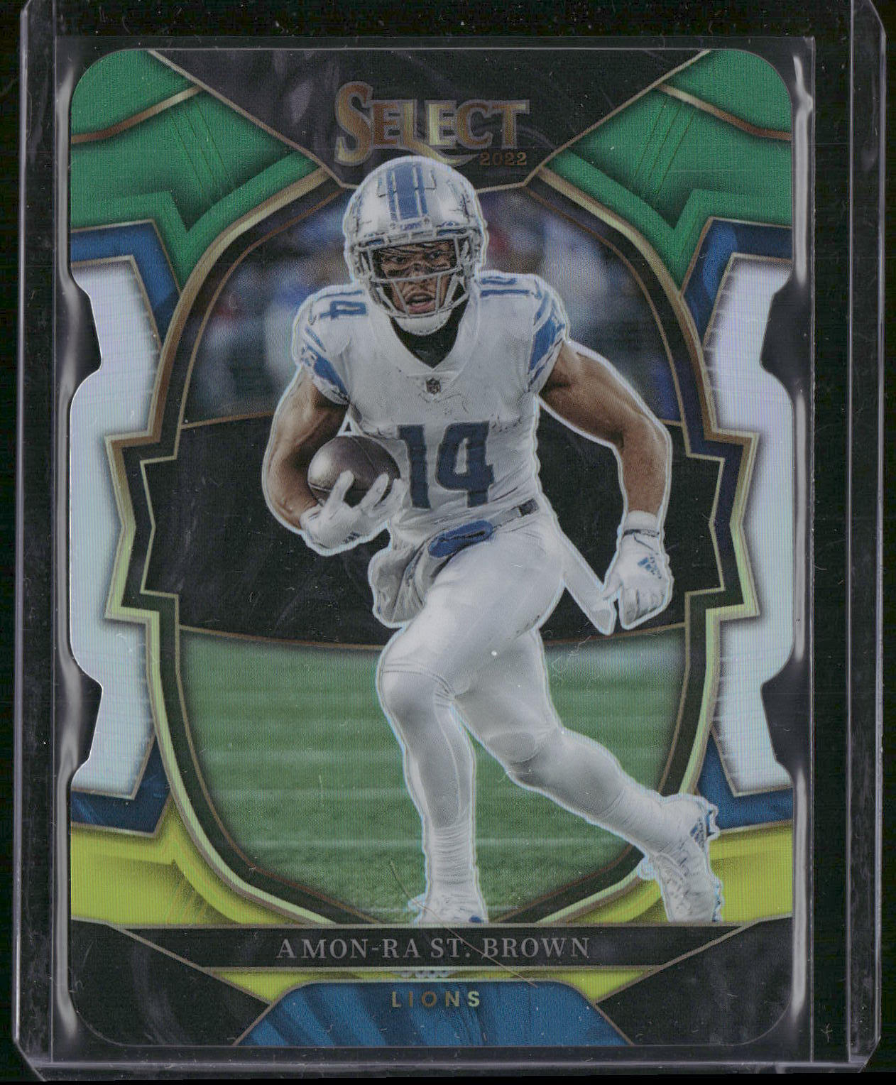 2022 Panini Select #58 Amon-Ra St. Brown Green and Yellow Prizm Die Cut