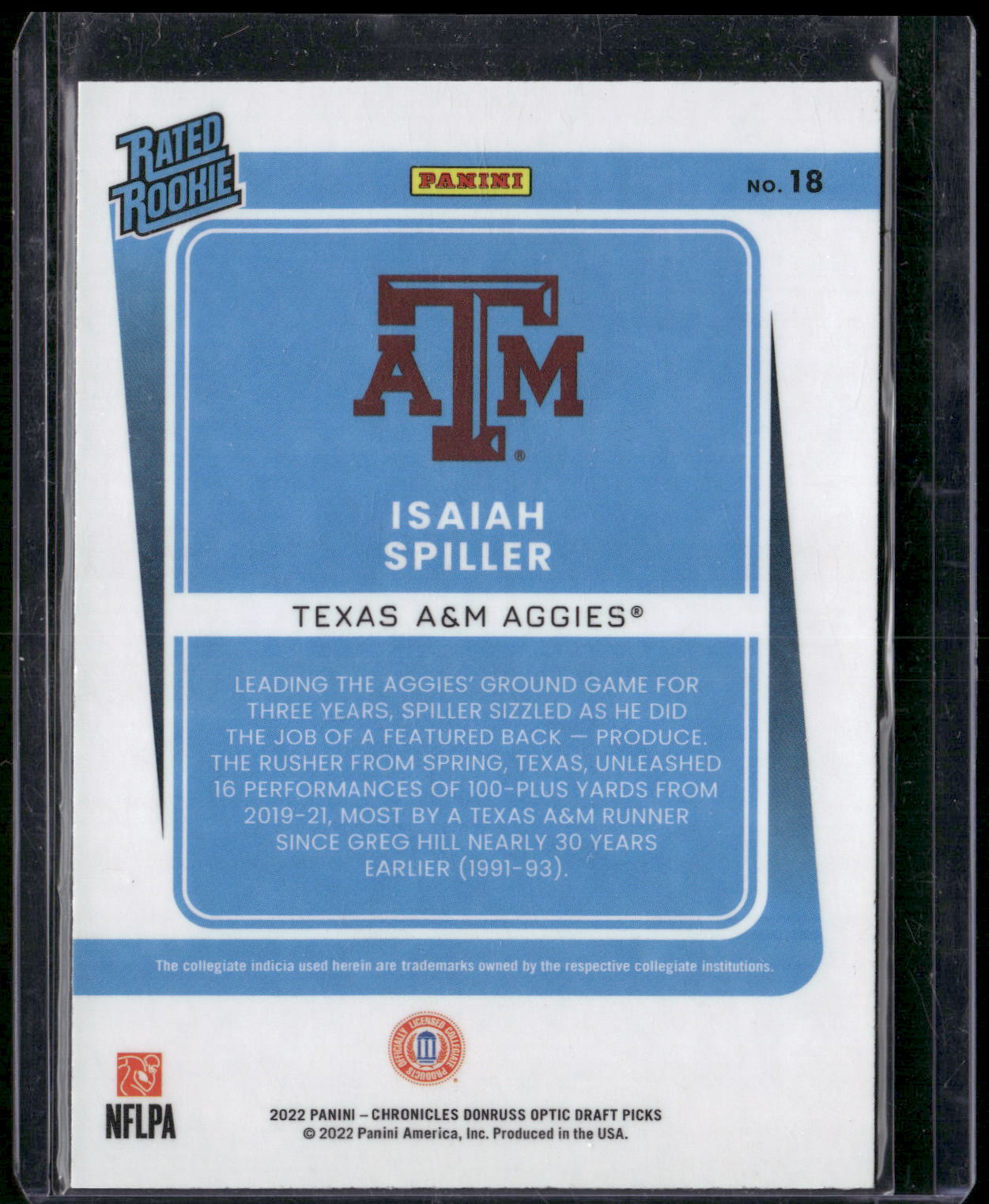 2022 Panini Chronicles Draft Picks #18 Isaiah Spiller Donruss Optic Rated Rookie