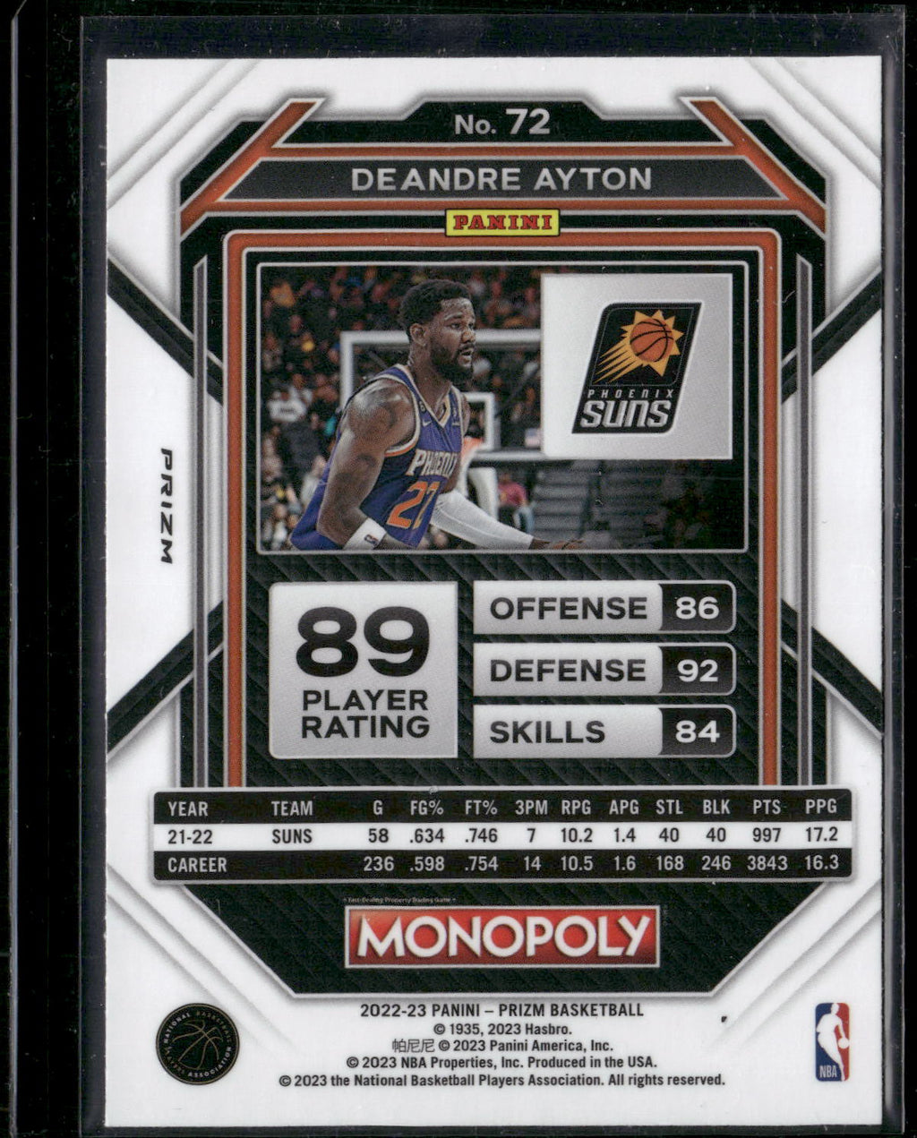2022-23 Panini Prizm Monopoly #72 Deandre Ayton Monopoly Black Classic Icons