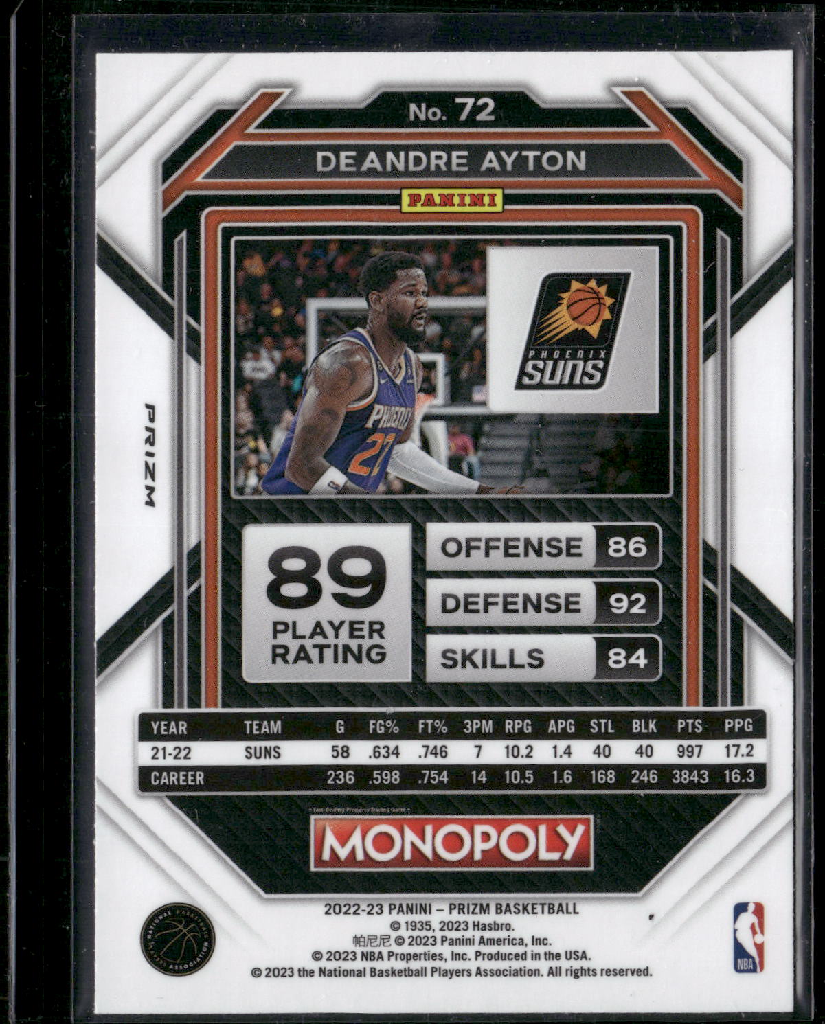2022-23 Panini Prizm Monopoly #72 Deandre Ayton Monopoly Black Classic Icons