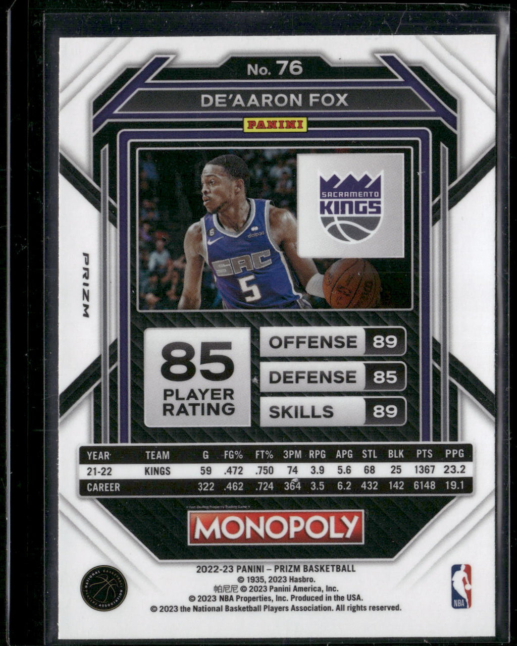 2022-23 Panini Prizm Monopoly #76 De'Aaron Fox Monopoly Black Classic Icons