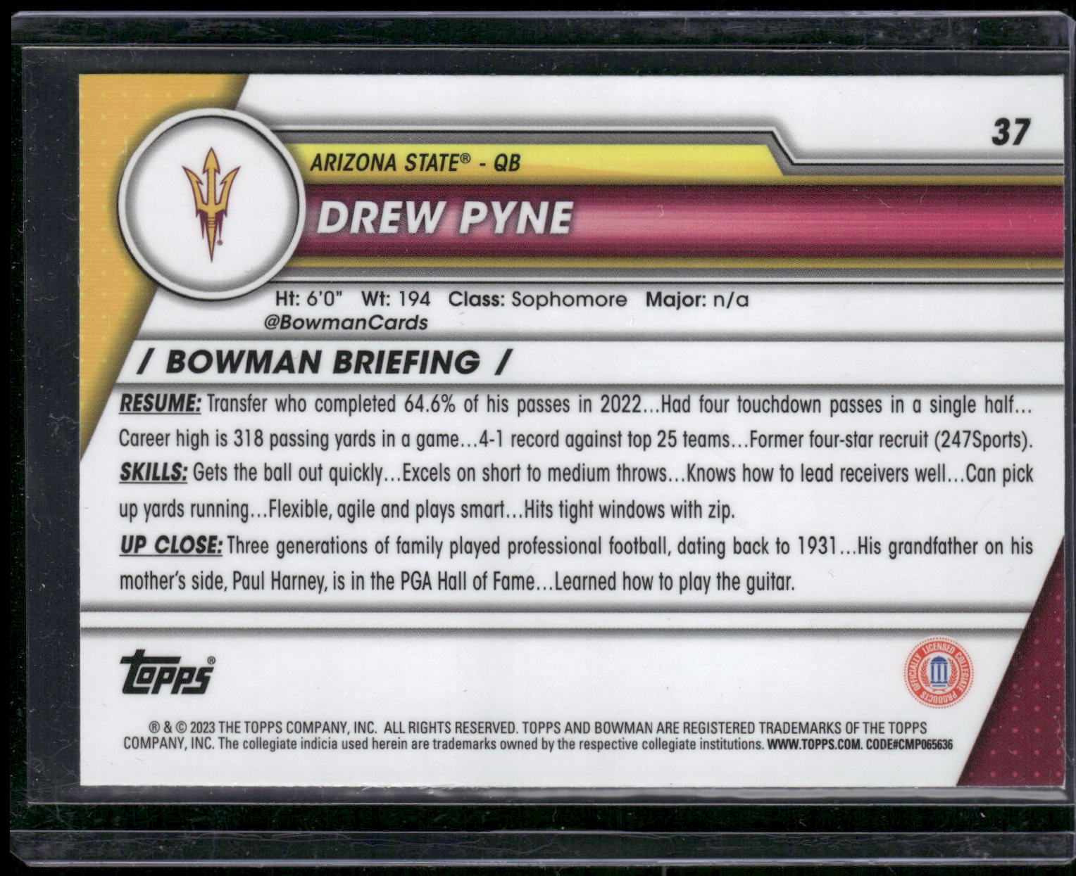 2023 Bowman University Chrome #37 Drew Pyne